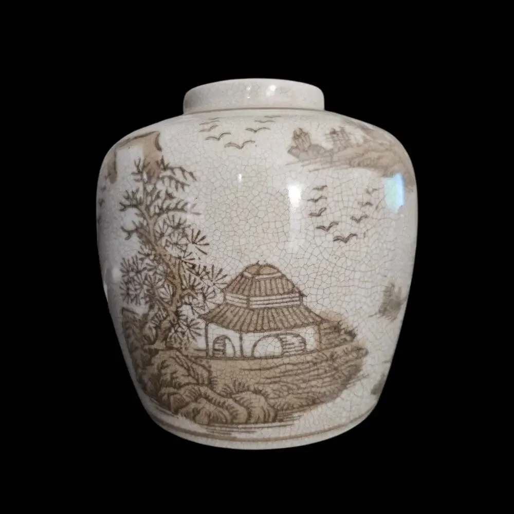 Creative Co-Op Crackle Glaze Ginger Jar Vase Asian Landscape Stoneware Decor